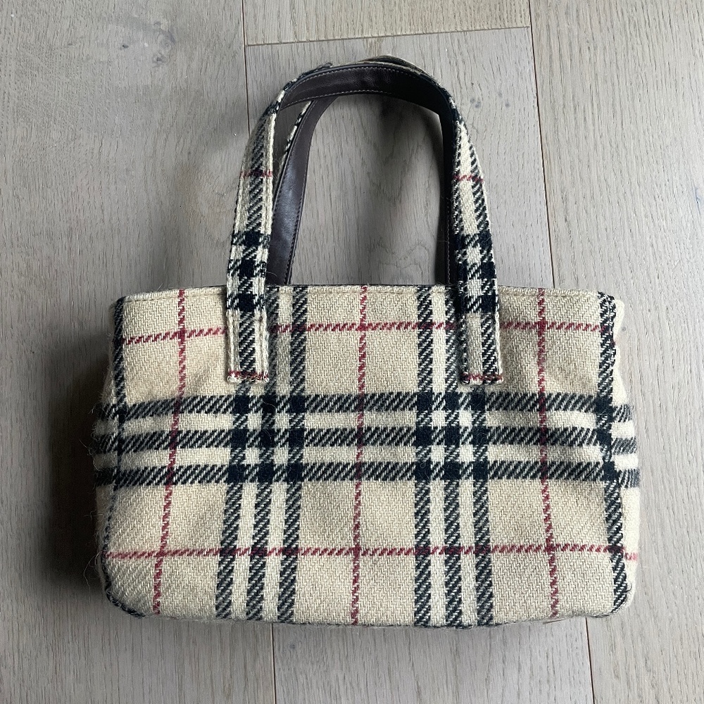 Vintage Burberry Wool/Leather Nova Check Handbag, Tartan Plaid Tote